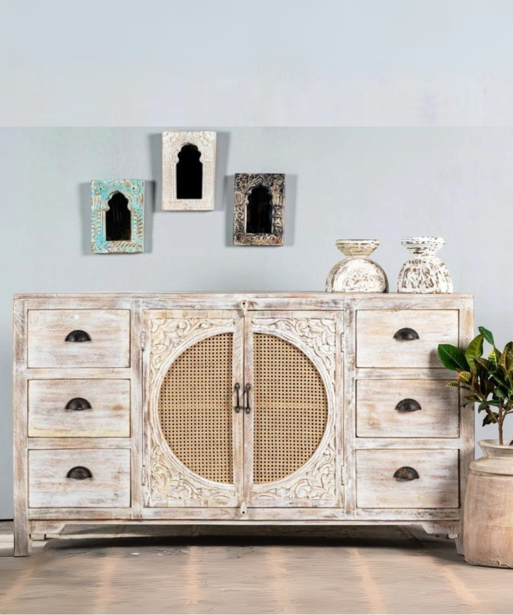 Front view of Indian Carved Cane Sideboard Cabinet in white finish