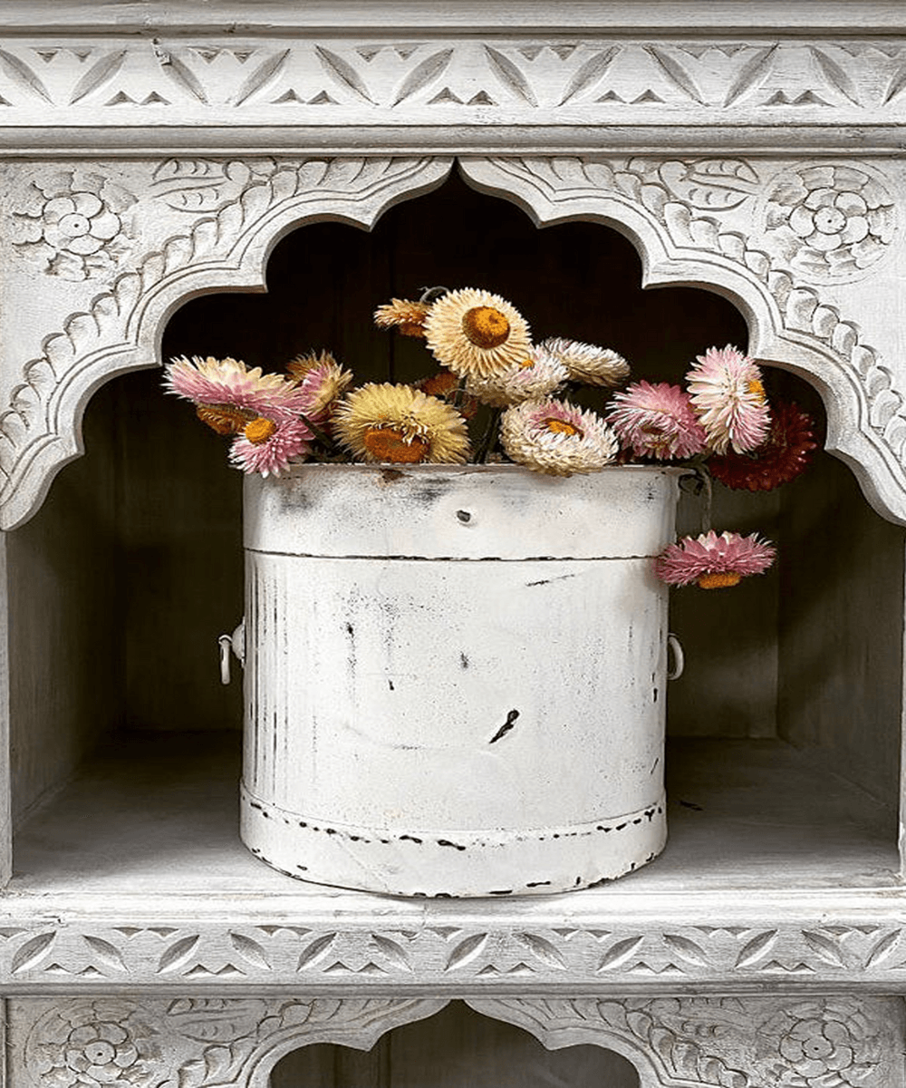 Hand-Carved Whitewashed Mango Wood Bookcase