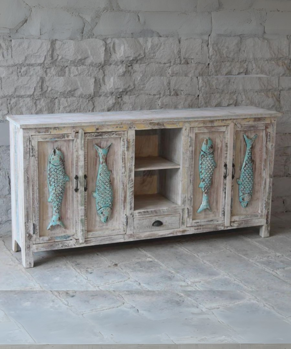 Front view of handcrafted white distressed sideboard