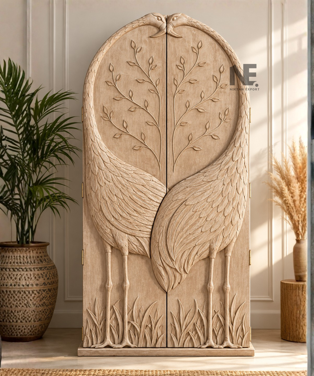 Carved wooden wardrobe with twin birds and leaf design