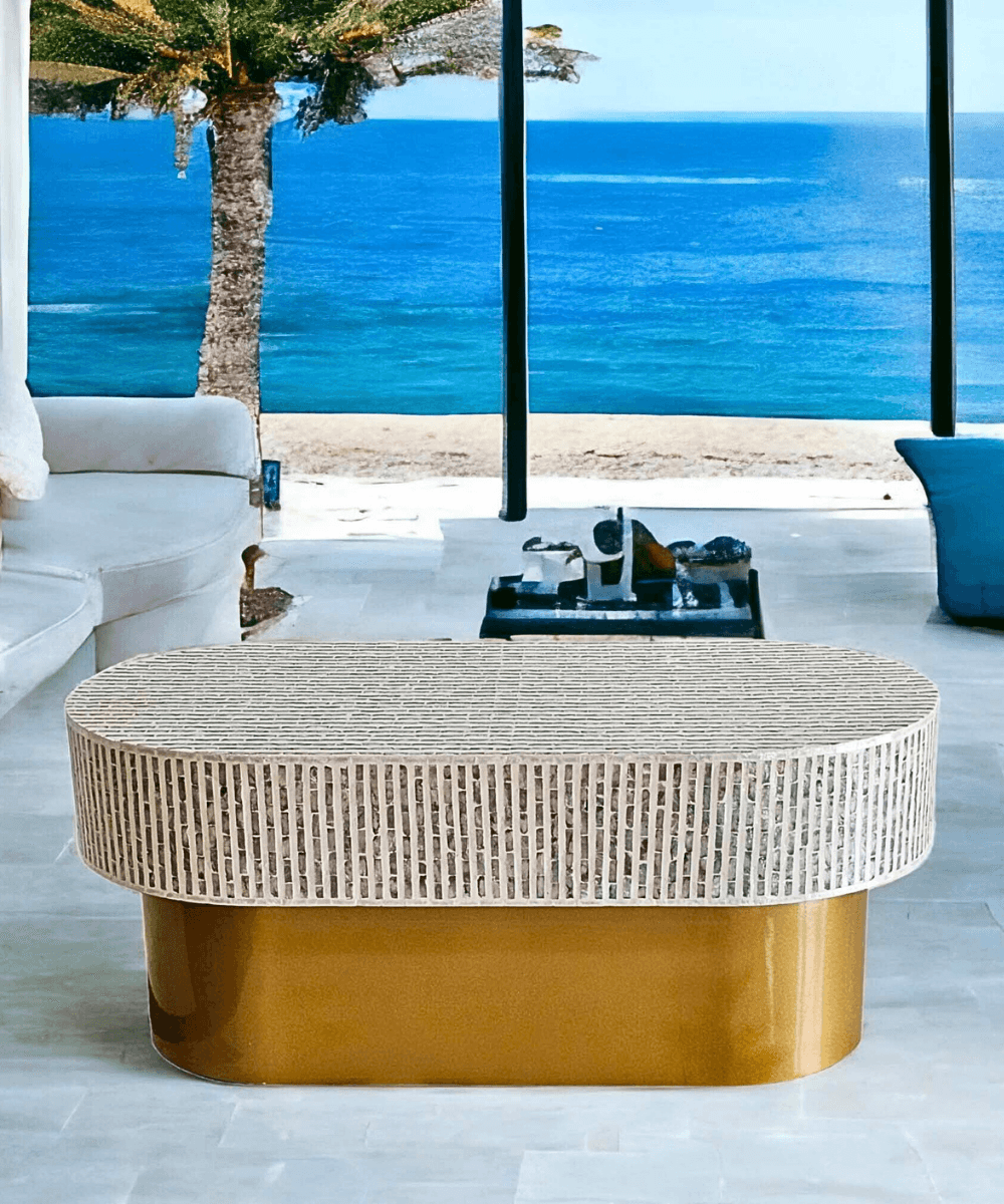 Front view of Stripe Oval Coffee Table with white striped surface