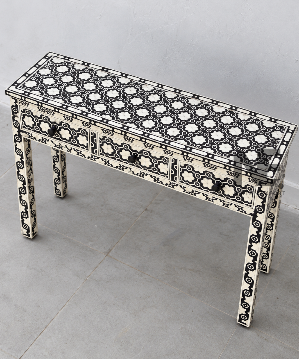Geometric floral pattern on console table drawers