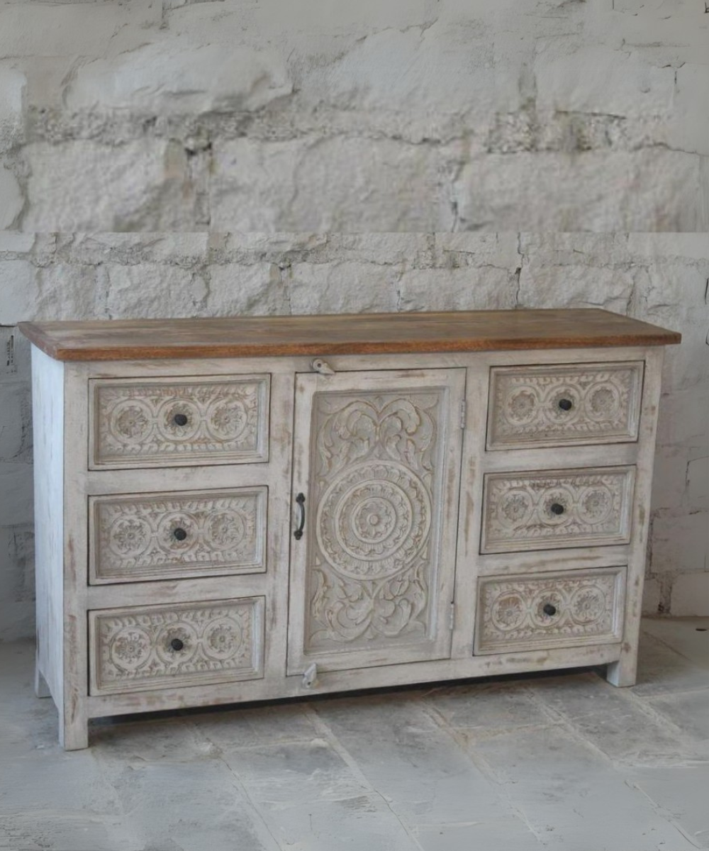Hand-Carved Floral Indian Sideboard – Front View