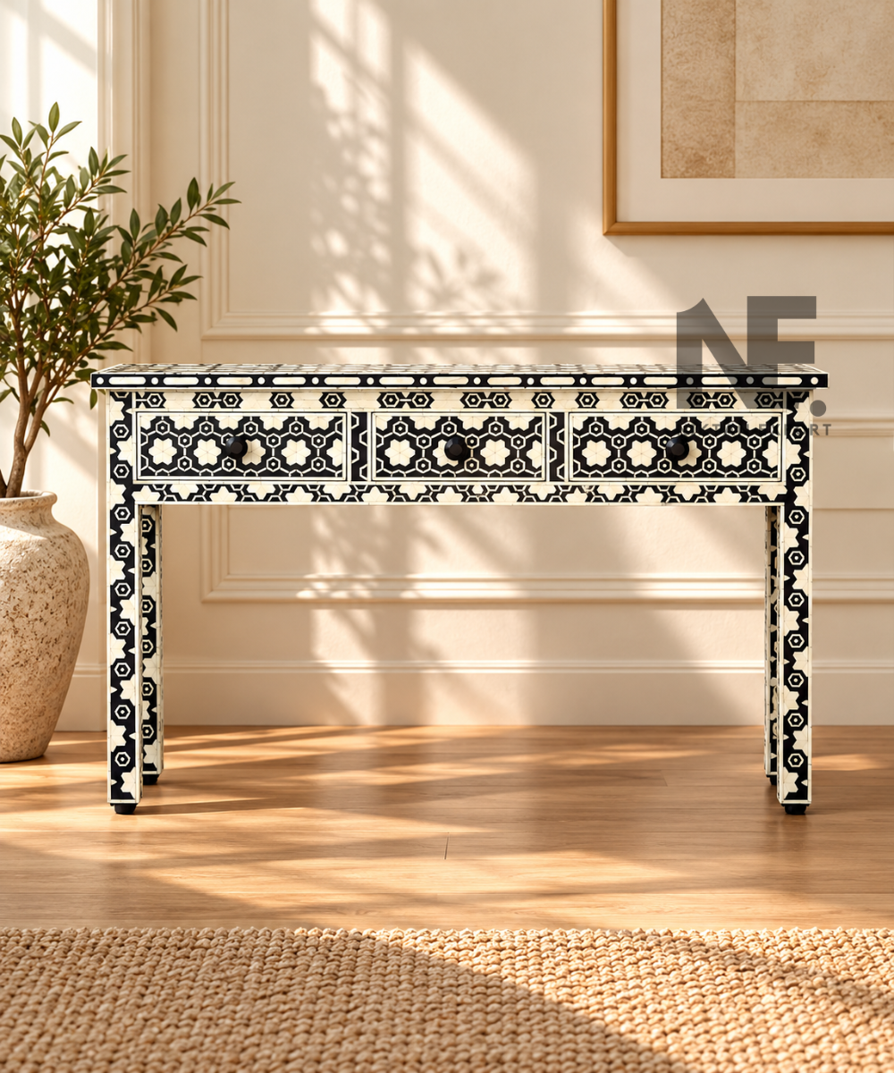 Black and ivory bone inlay console table with three drawers