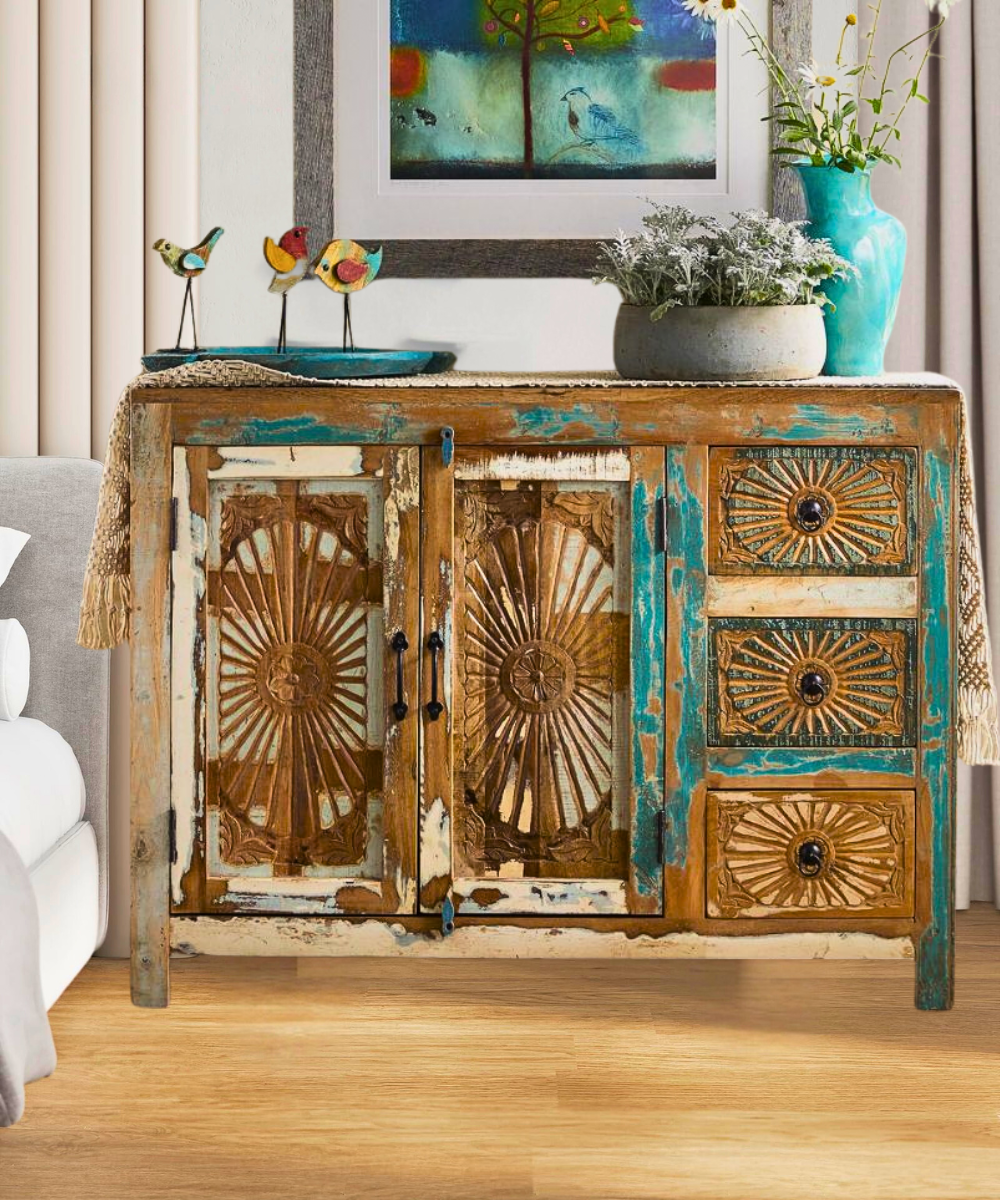 Tournesol Small Console Cabinet – Hand-Carved Reclaimed Wood Sideboard