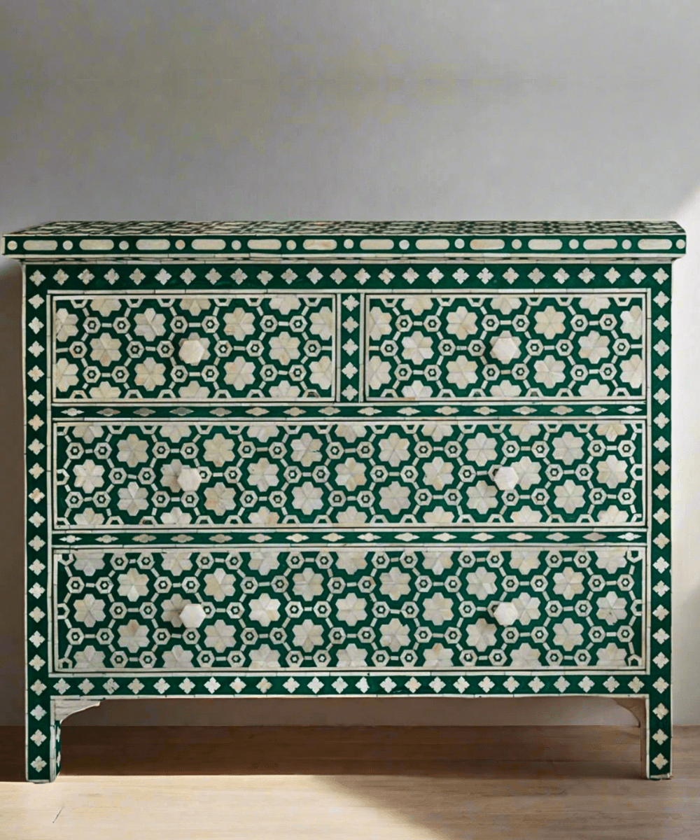 Niktan Export Bone Inlay Chest of Drawers Floral Design - NikTan Export
Front view of Green Floral Bone Inlay Chest of Drawers