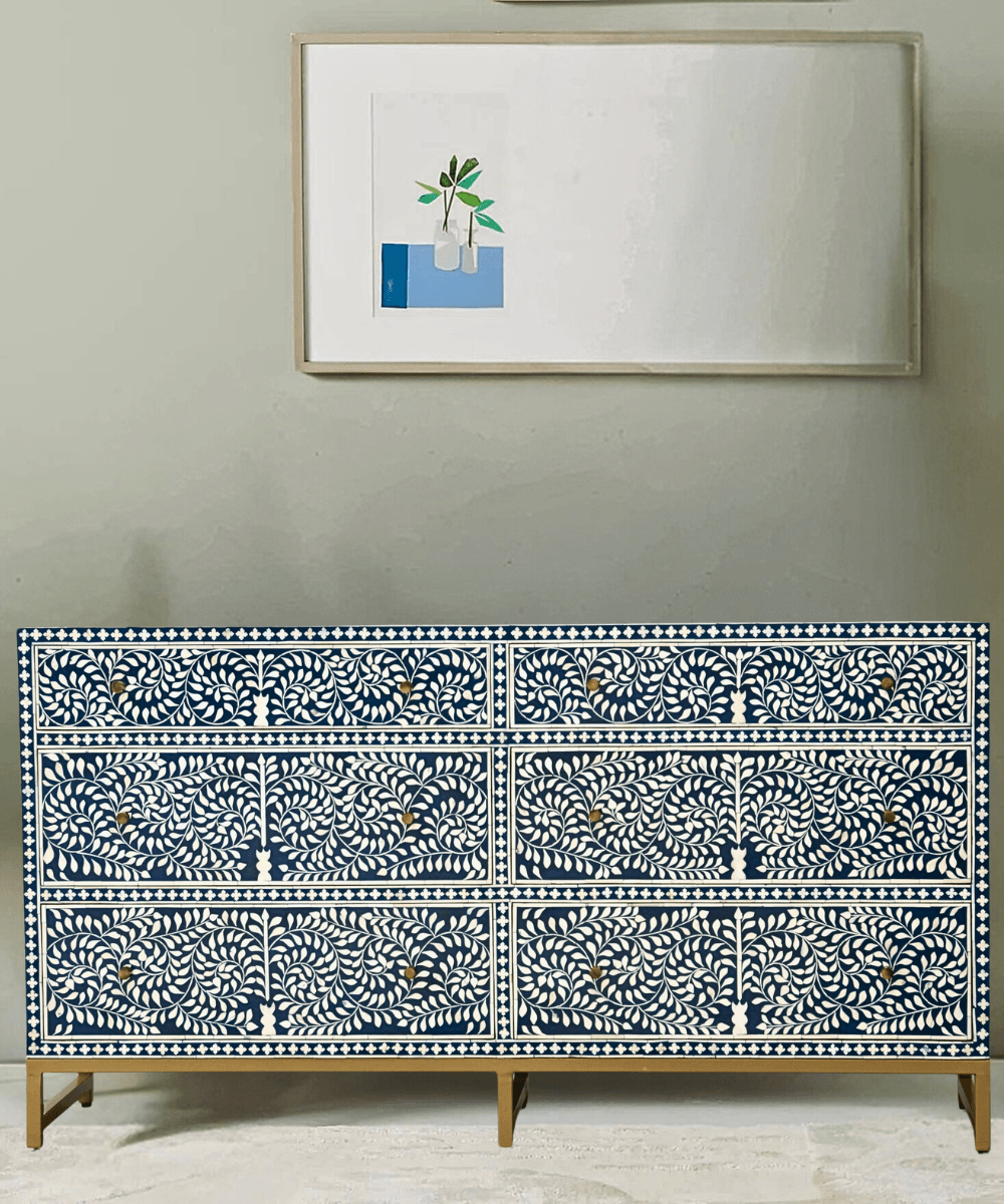 Niktan Elegant Bone Inlay Chest of Drawers Navy Scroll - NikTan Export
Front view of Navy Scroll Bone Inlay Chest with 6 drawers