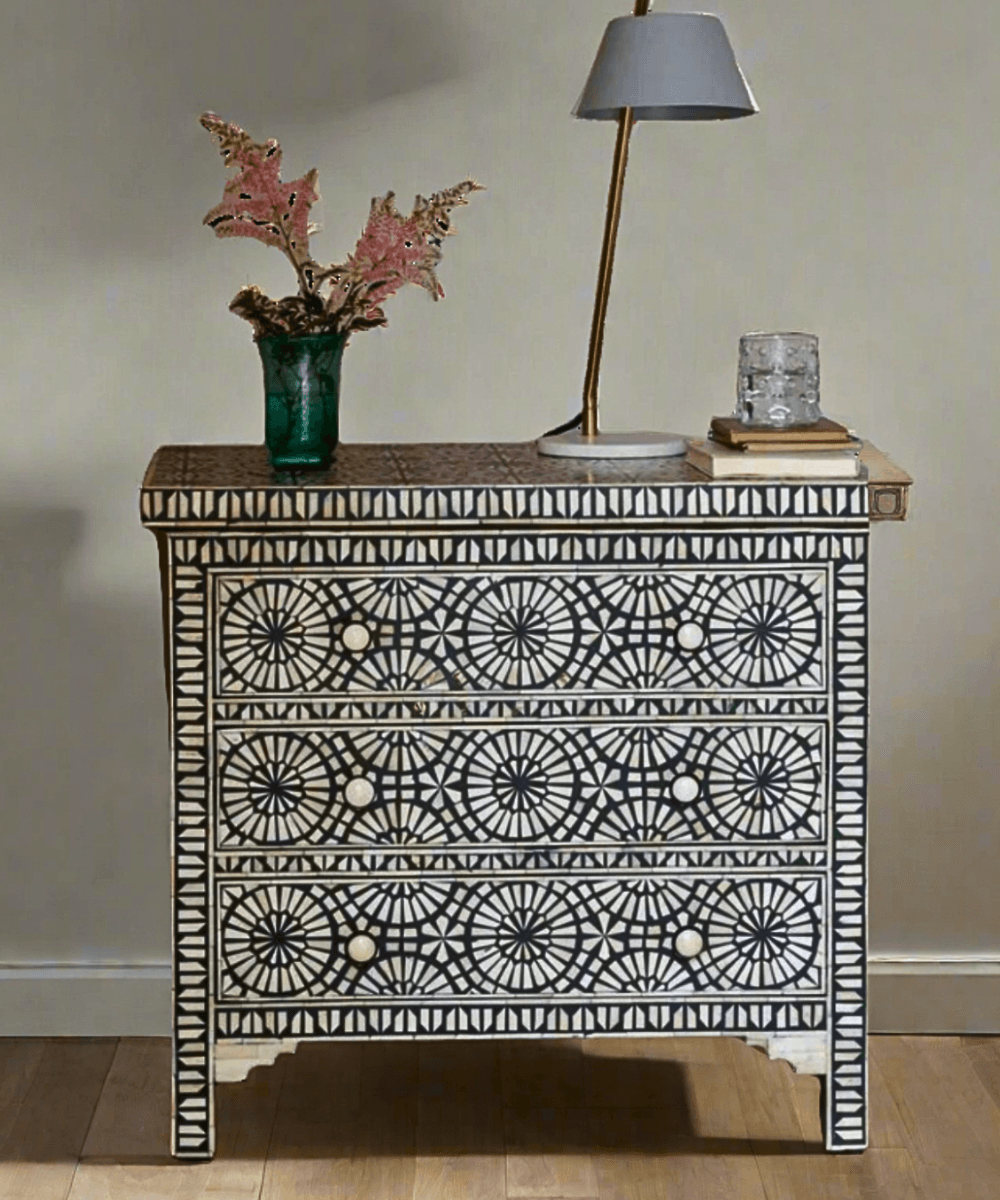 Niktan Export Bone Inlay Chest of Drawers Artisan Crafted Three Drawers Chest - NikTan Export
Front view of Kaleidoscope Bone Inlay Chest with 3 drawers