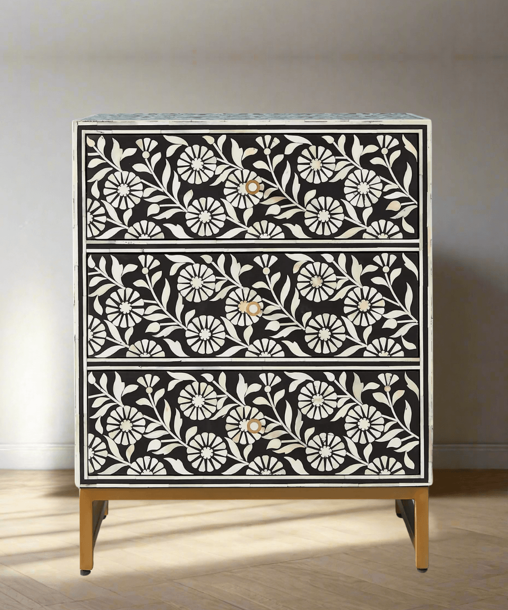 Niktan Export Bone Inlay Chest of Drawers Sunflower Design Black Finish - NikTan Export
Front view of Sunflower Bone Inlay Chest in black finish