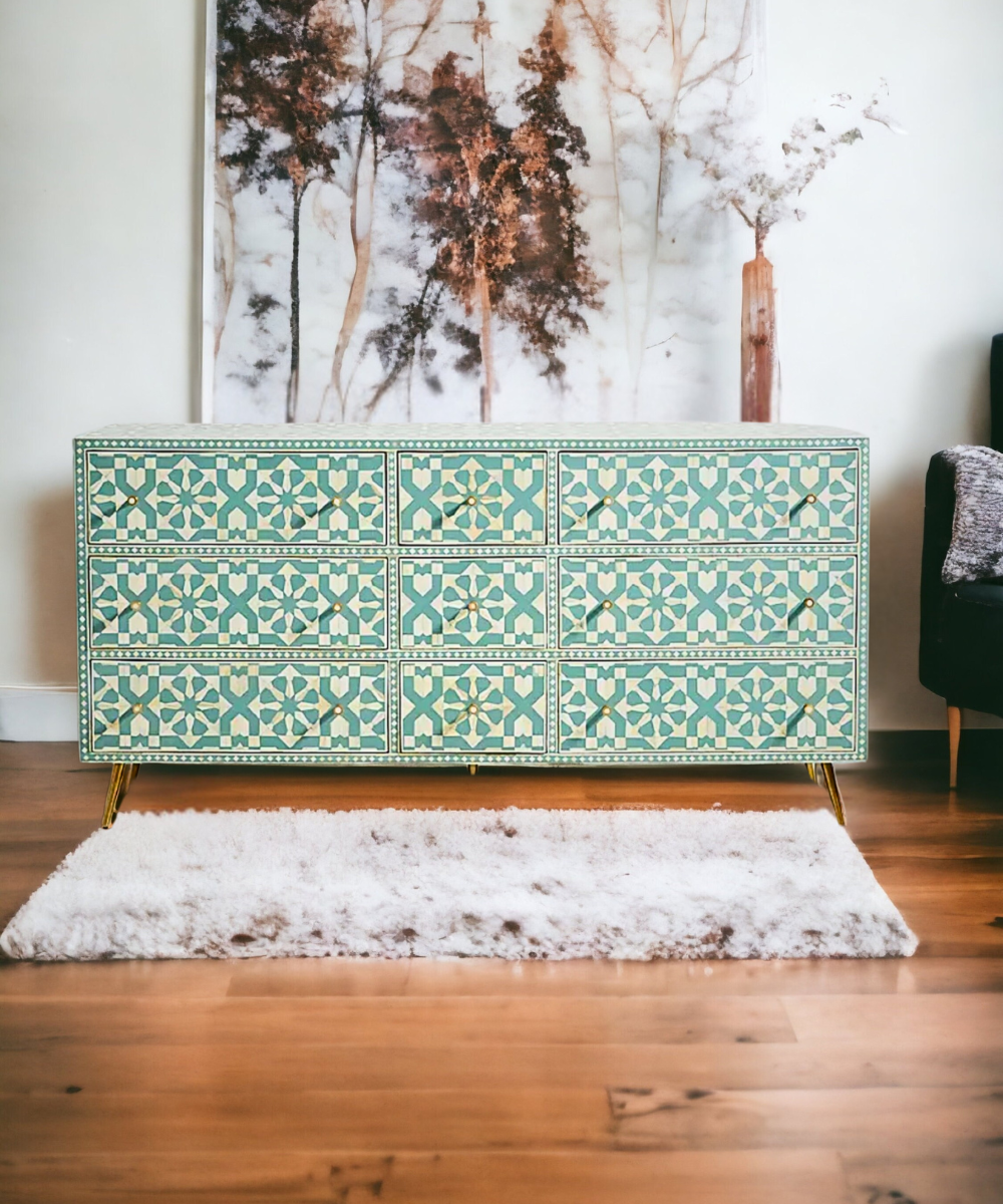 Front view of Bone Moroccan Inlay 9-Drawer Dresser by Niktan Export