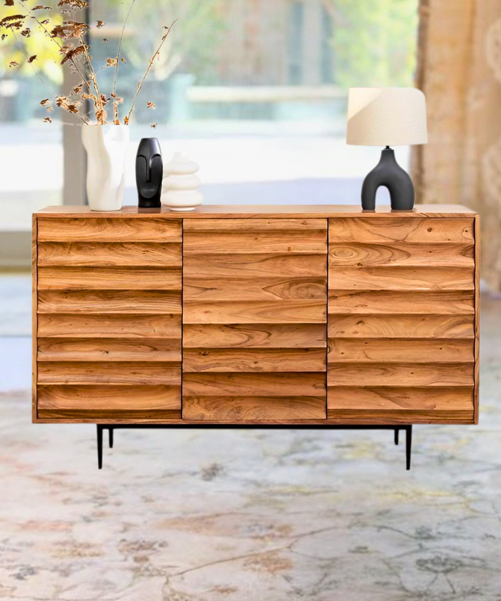 Full front view of the Acacia Wood Industrial Sideboard