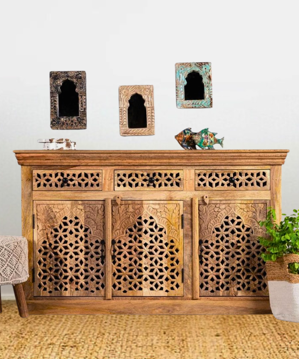 Front view of the Solid Wood Jharokha Jali Sideboard showcasing intricate carvings