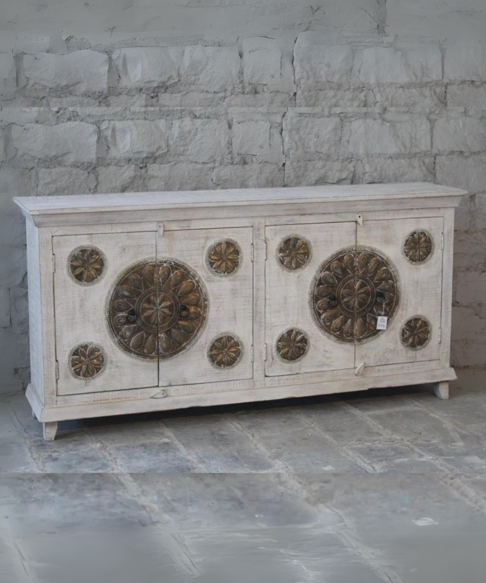 Brass Fitted White Distressed Sideboard - Front View
