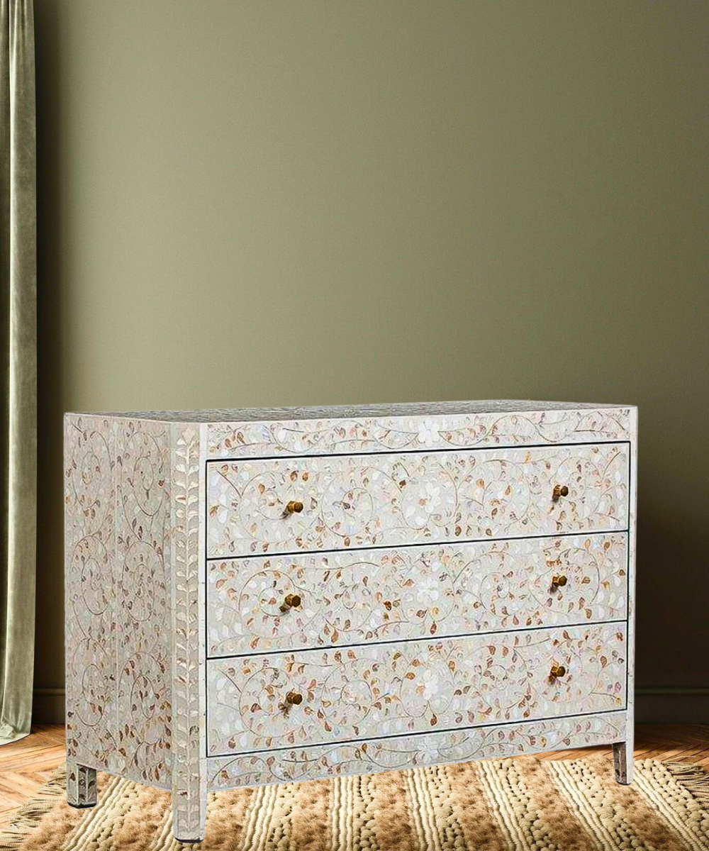 Mother of Pearl Inlay Chest – 3 Drawer White Floral Dresser