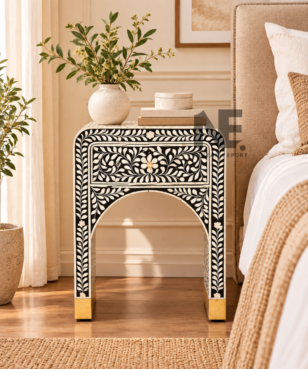 Floral bone inlay bedside table in black and ivory