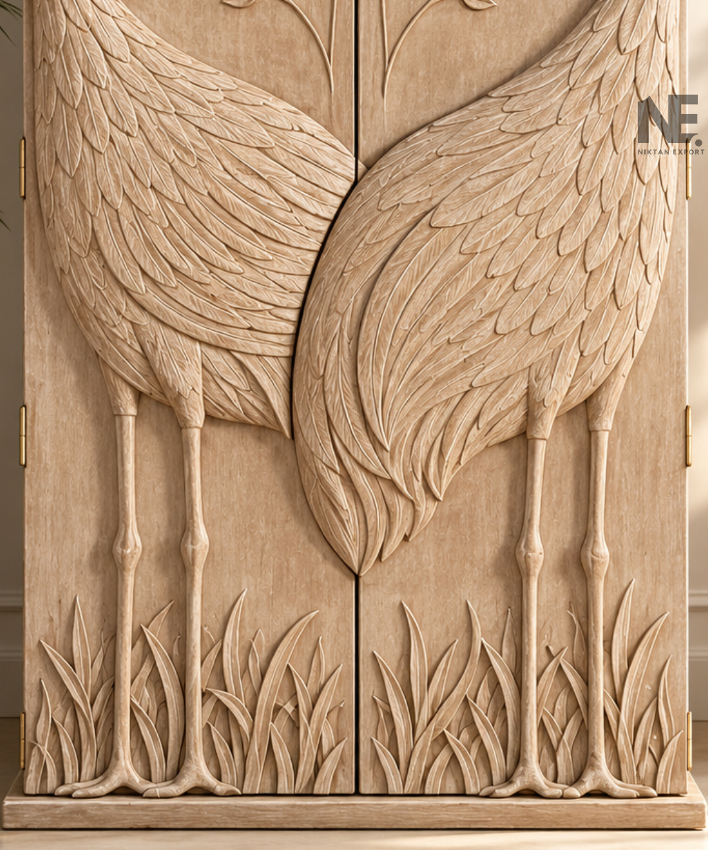 Arched double-door wardrobe with decorative wooden artwork
