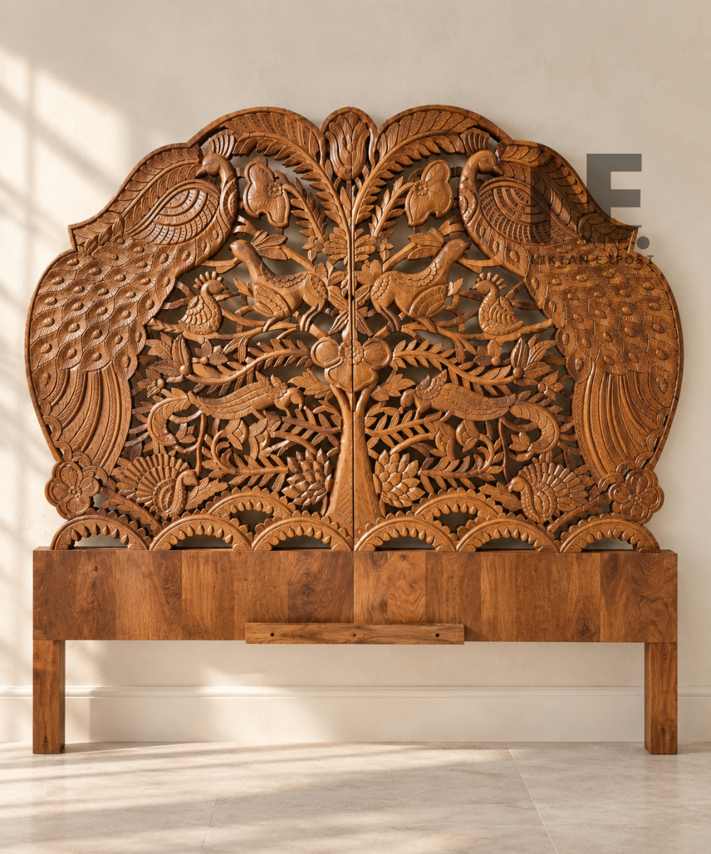 Hand-carved solid mango wood woodland headboard