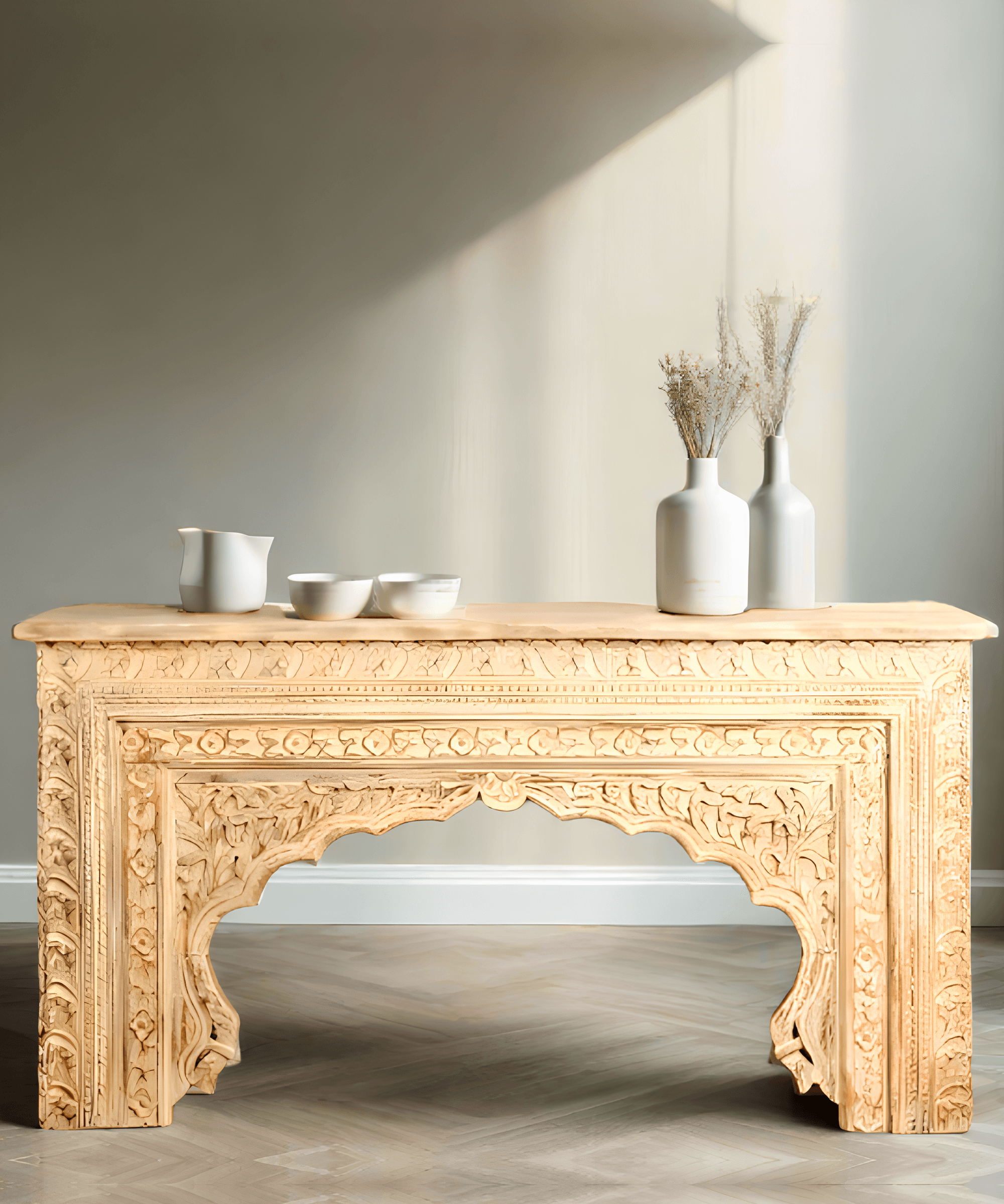 Niktan Export Solid Wood Handcrafted Distressed Console Table - NikTan Export
Cream Distressed Wooden Console Table – Front View
