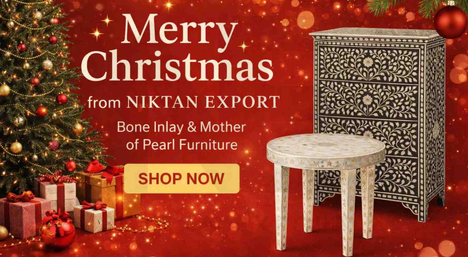 Merry Christmas handmade bone inlay and mother of pearl furniture crafted in the workshop of Niktan Export
