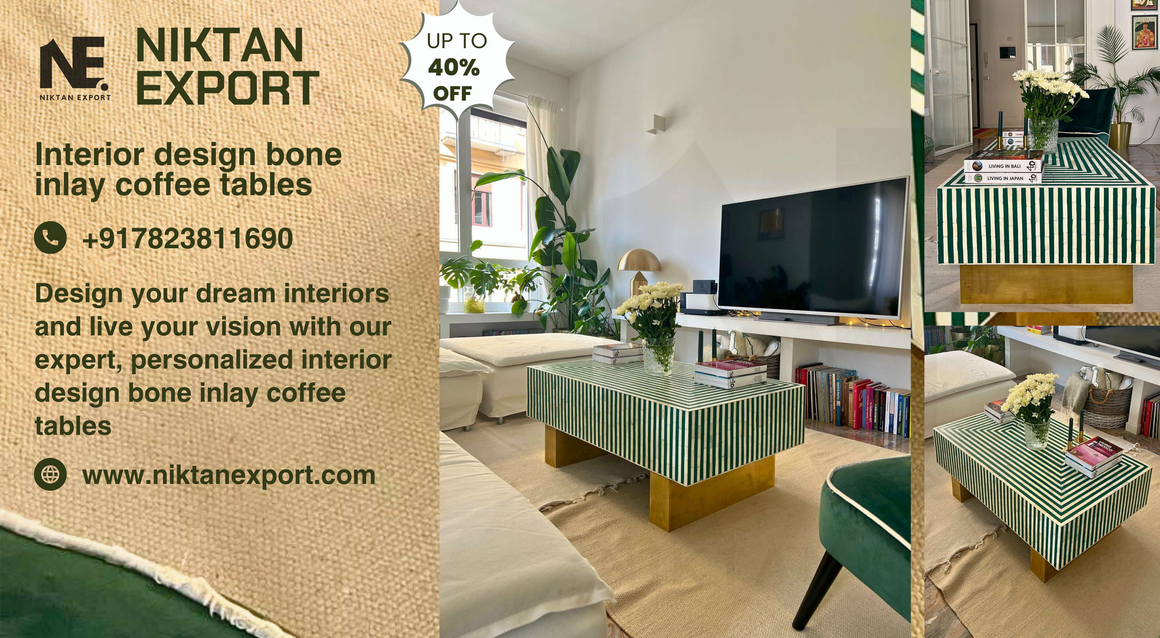 Handcrafted green striped bone inlay rectangle coffee table with brass base, featured with 40% discount from Niktan Export