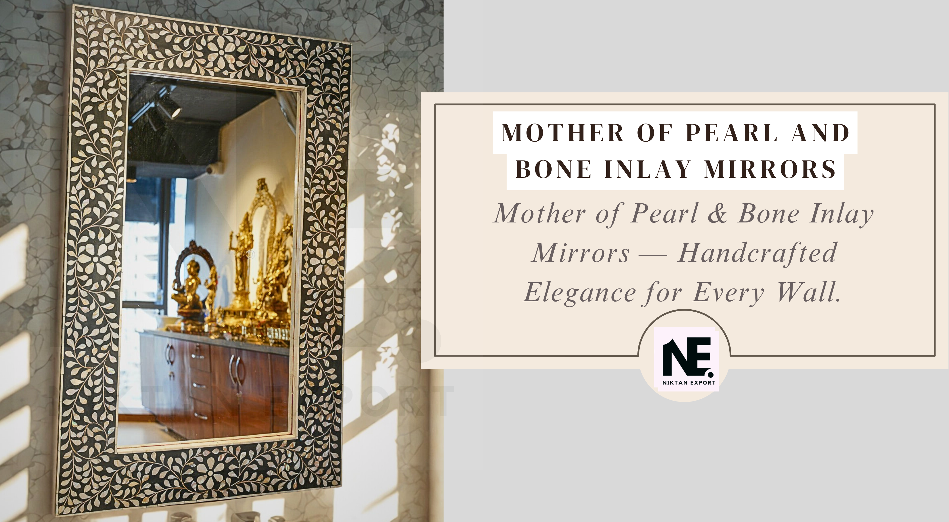 Elegant handcrafted Mother of Pearl mirror by Niktan Export, perfect for living room or hallway decor.