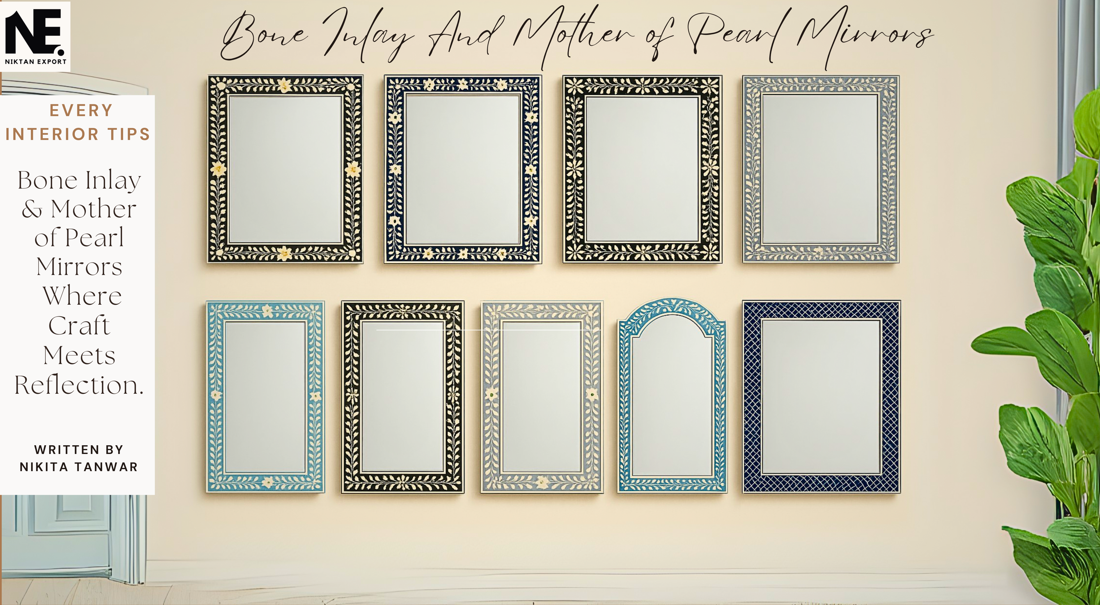 A beautifully handcrafted bone inlay and mother of pearl mirror reflecting a luxurious living room setting – artisan-made by Niktan Export.