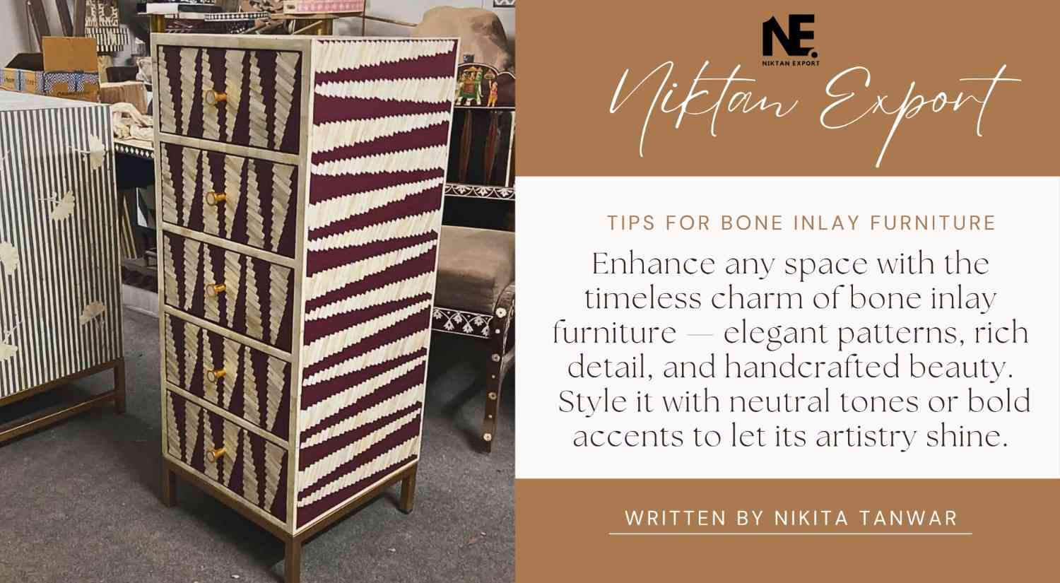 Handcrafted bone inlay coffee table styled in a neutral-toned living room with rich detailing, by Niktan Export.