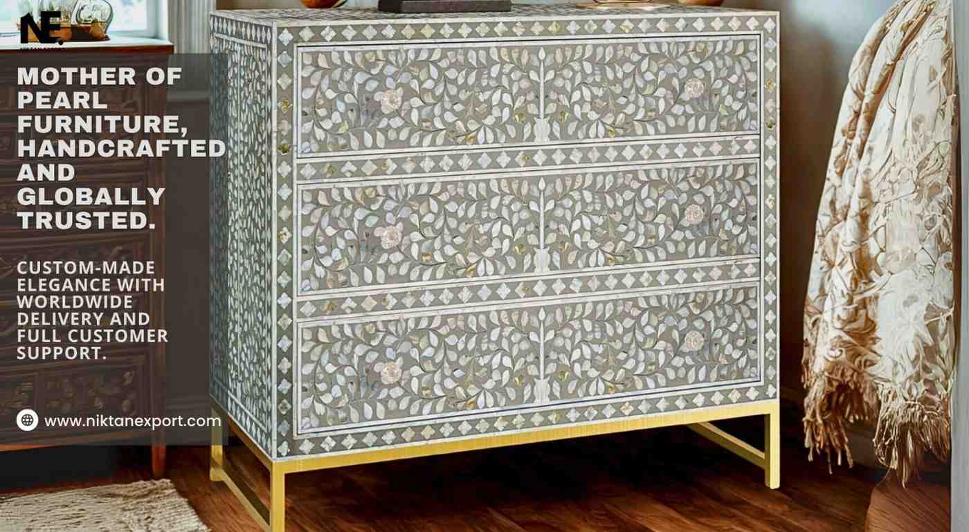 Handcrafted Mother of Pearl and Bone Inlay Furniture by Niktan Export – made by Indian artisans with traditional skills and global appeal, perfect for home and office décor in the USA, UAE, Europe, Australia, and beyond.
