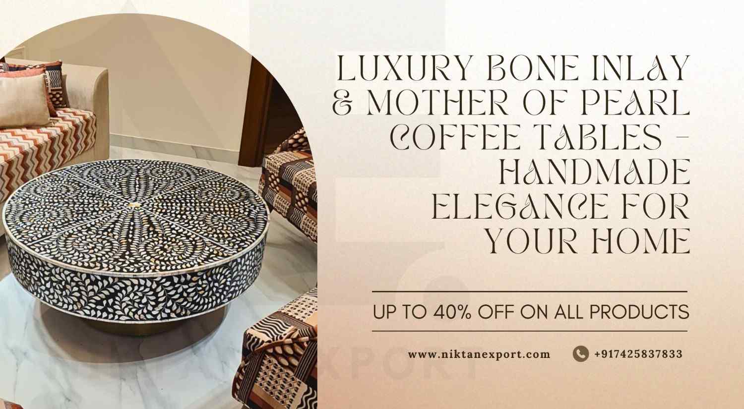 Handcrafted luxury bone inlay and mother of pearl coffee table by Niktan Export – premium artisan design for elegant living rooms, now with 40% off worldwide shipping