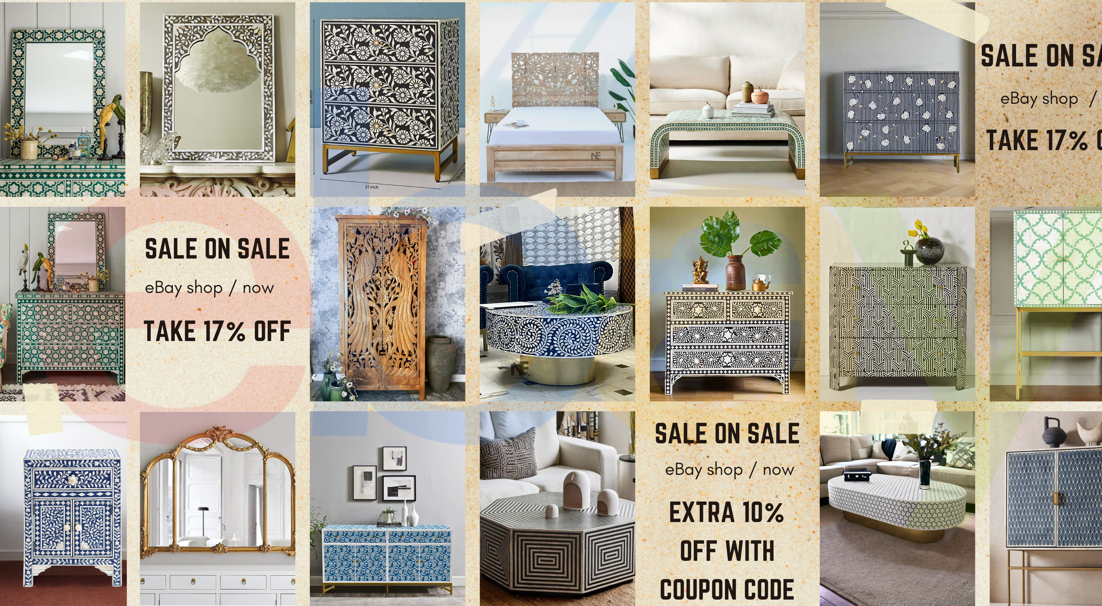 Image showing handcrafted Bone Inlay and Mother of Pearl furniture pieces from Niktan Export, available on their official eBay store, created by skilled artisans in India.