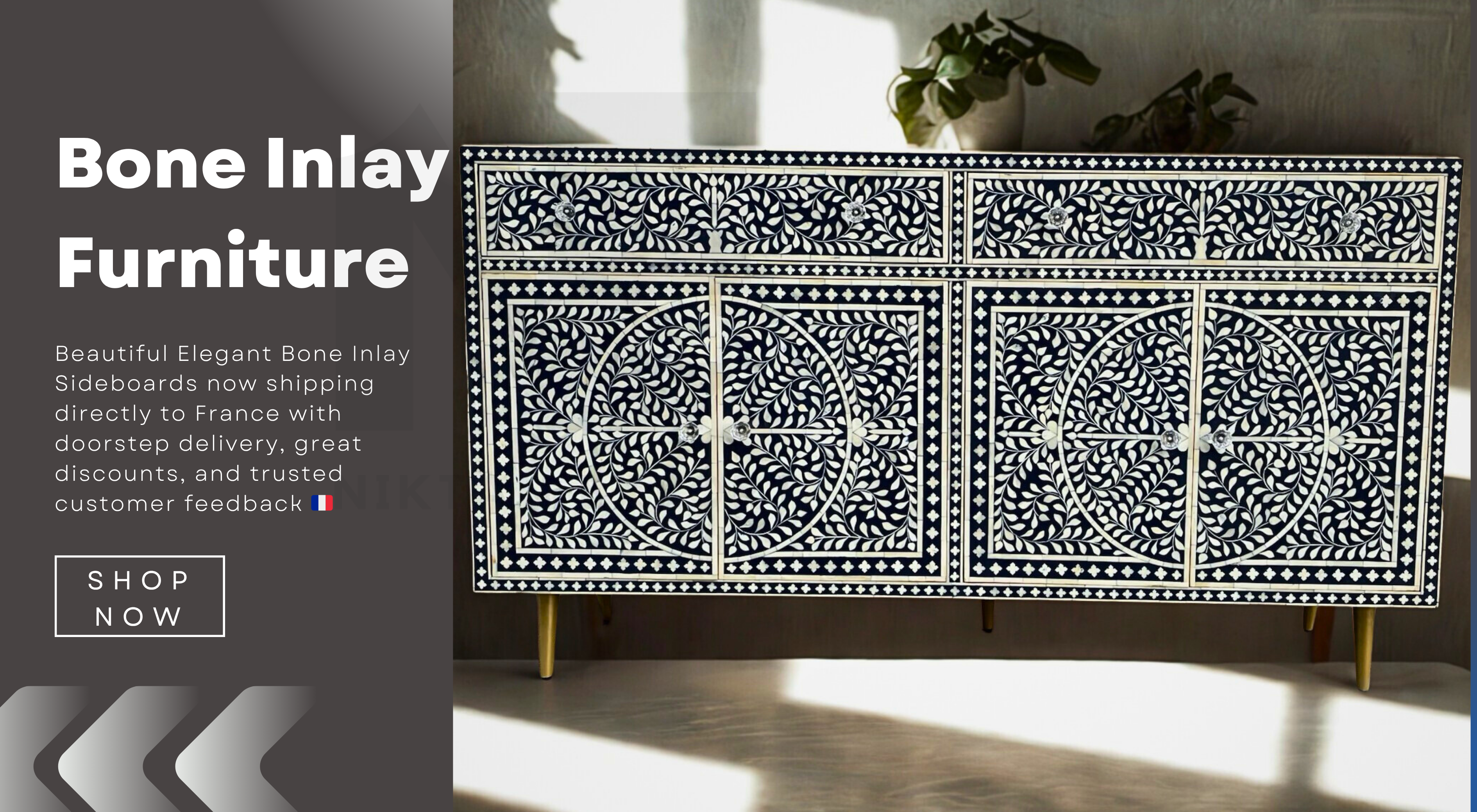 Handcrafted bone inlay sideboard securely packed in a wooden crate, ready for fast delivery from India to France in 10 days by Niktan Export – showcasing artisan craftsmanship and elegant home decor