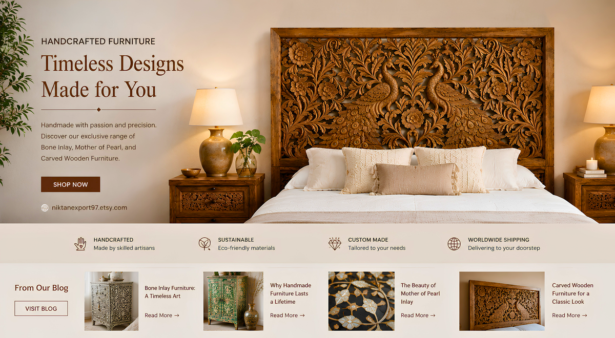 Handcrafted carved wooden furniture from India displayed in a warm bedroom interior