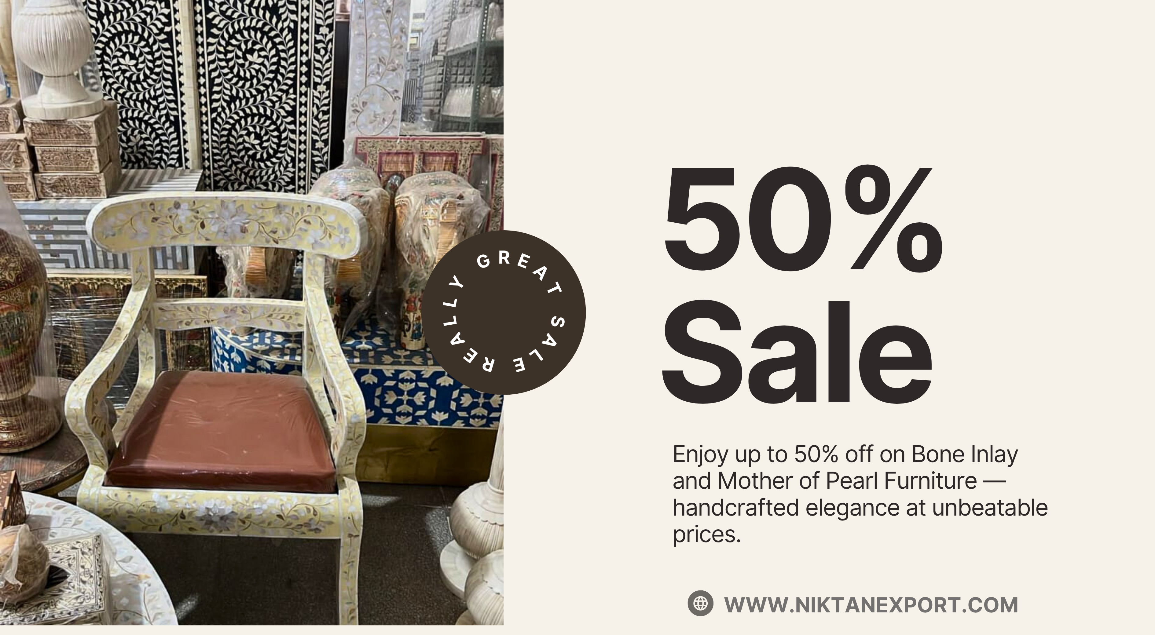 Elegant handcrafted Bone Inlay and Mother of Pearl furniture collection featuring coffee tables, sideboards, mirrors, and chests — timeless Indian craftsmanship with global appeal, now available with up to 50% off at Niktan Export.