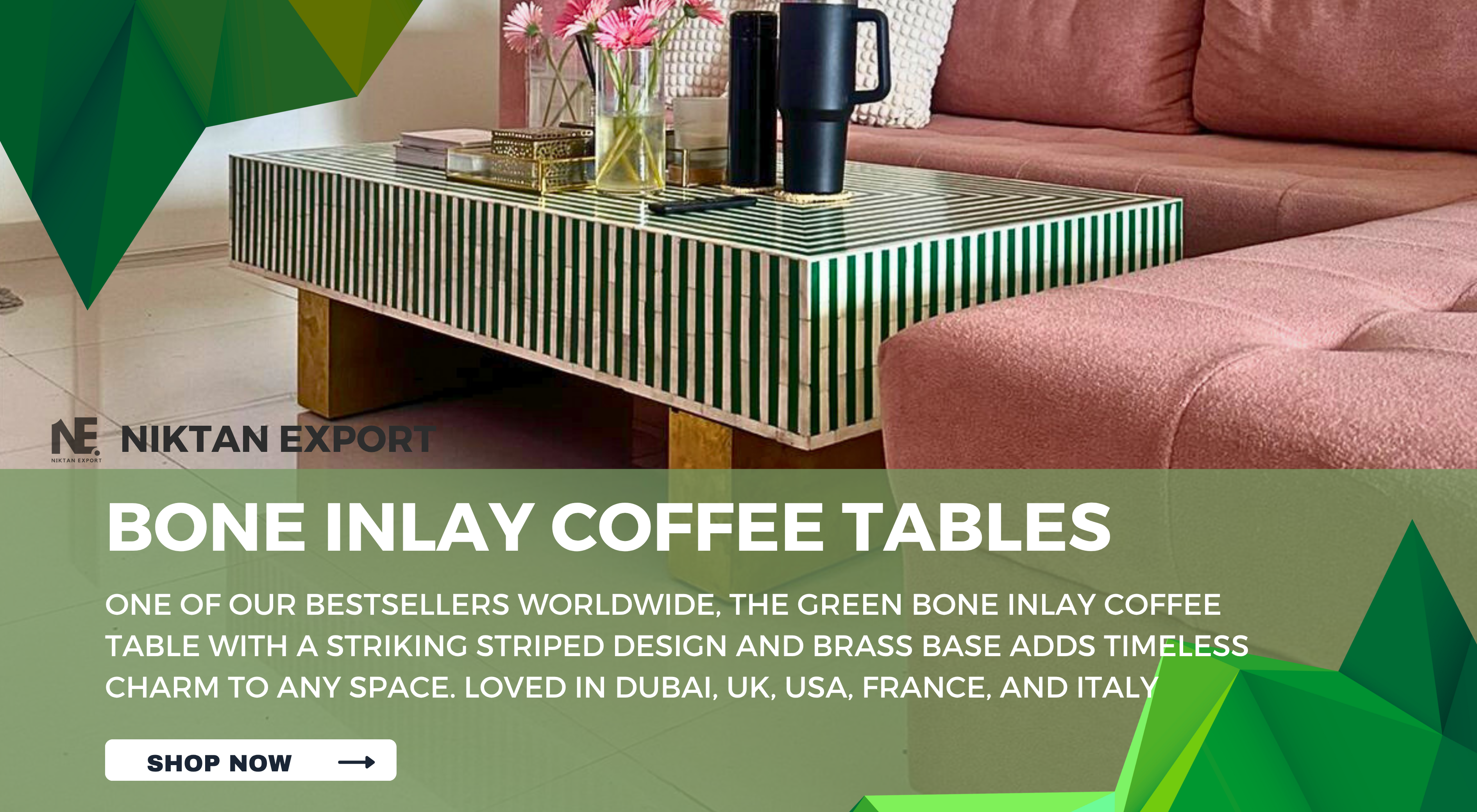 Green striped bone inlay coffee table with handcrafted detailing and brass base, made in India and shipped worldwide by Niktan Export.
