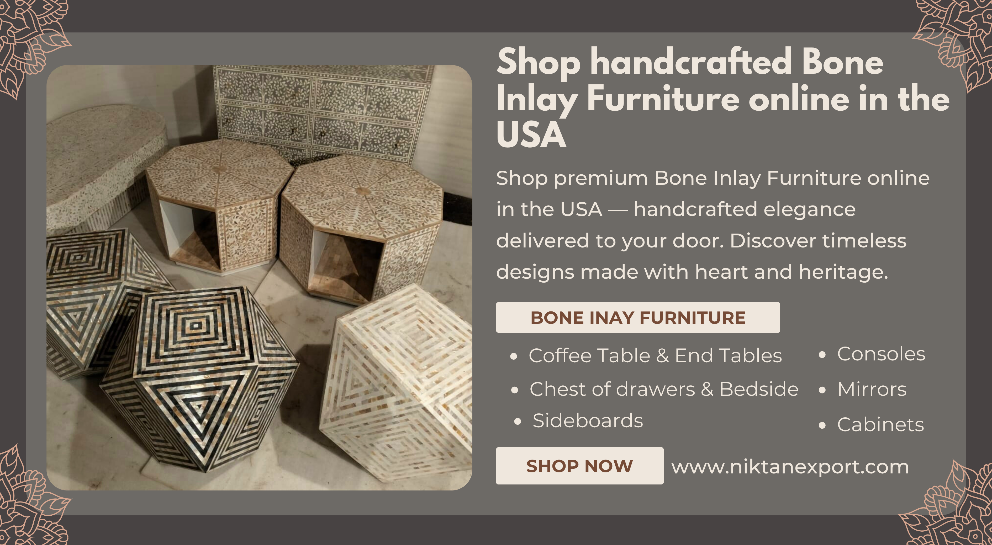 A handcrafted black bone inlay coffee table with floral design and brass legs, styled in a modern living room.