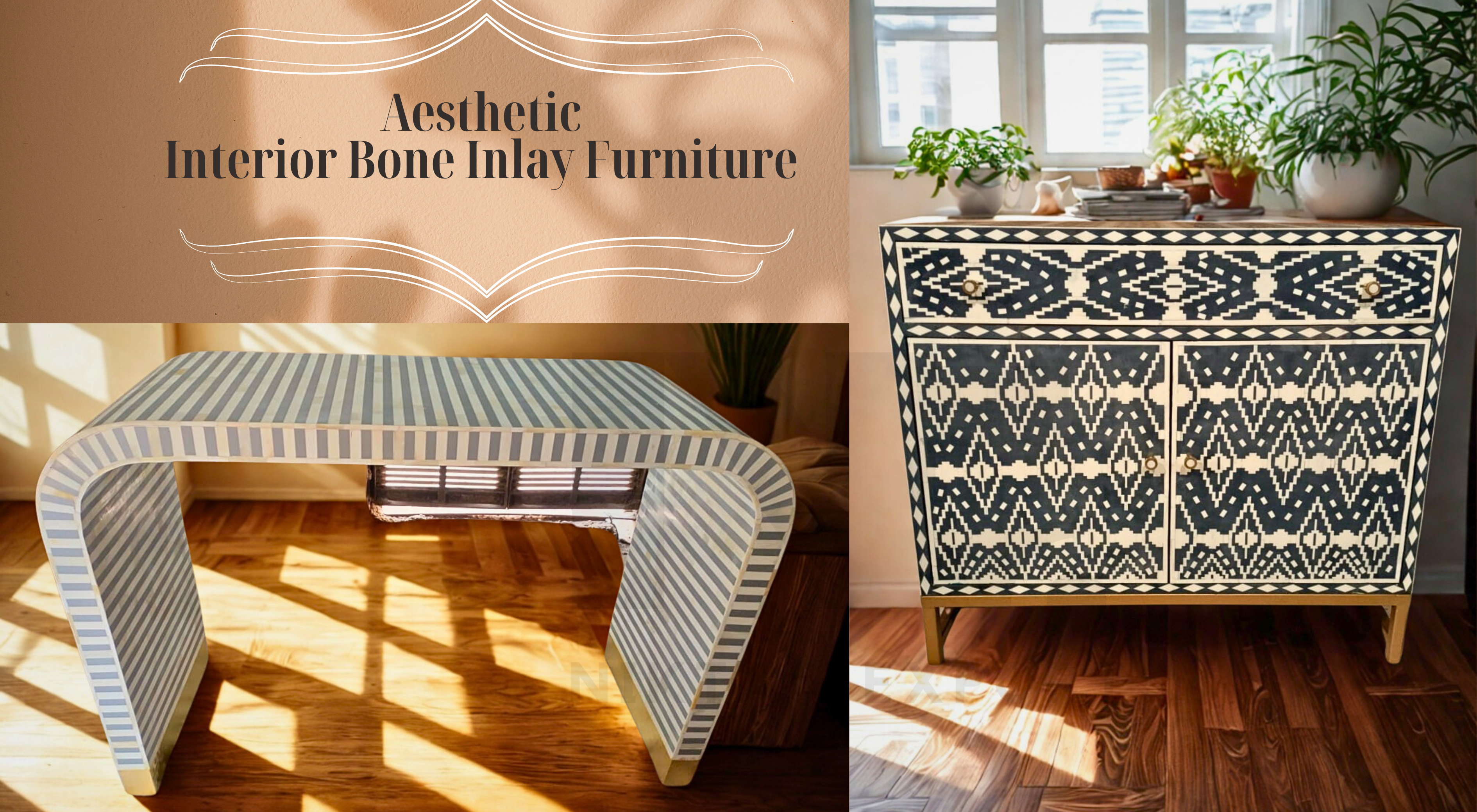 Handcrafted bone inlay and Mother of Pearl furniture including mirrors, coffee tables, sideboards, cabinets, and decor items—artfully designed by Indian artisans and delivered worldwide by Niktan Export with full support and special offers.