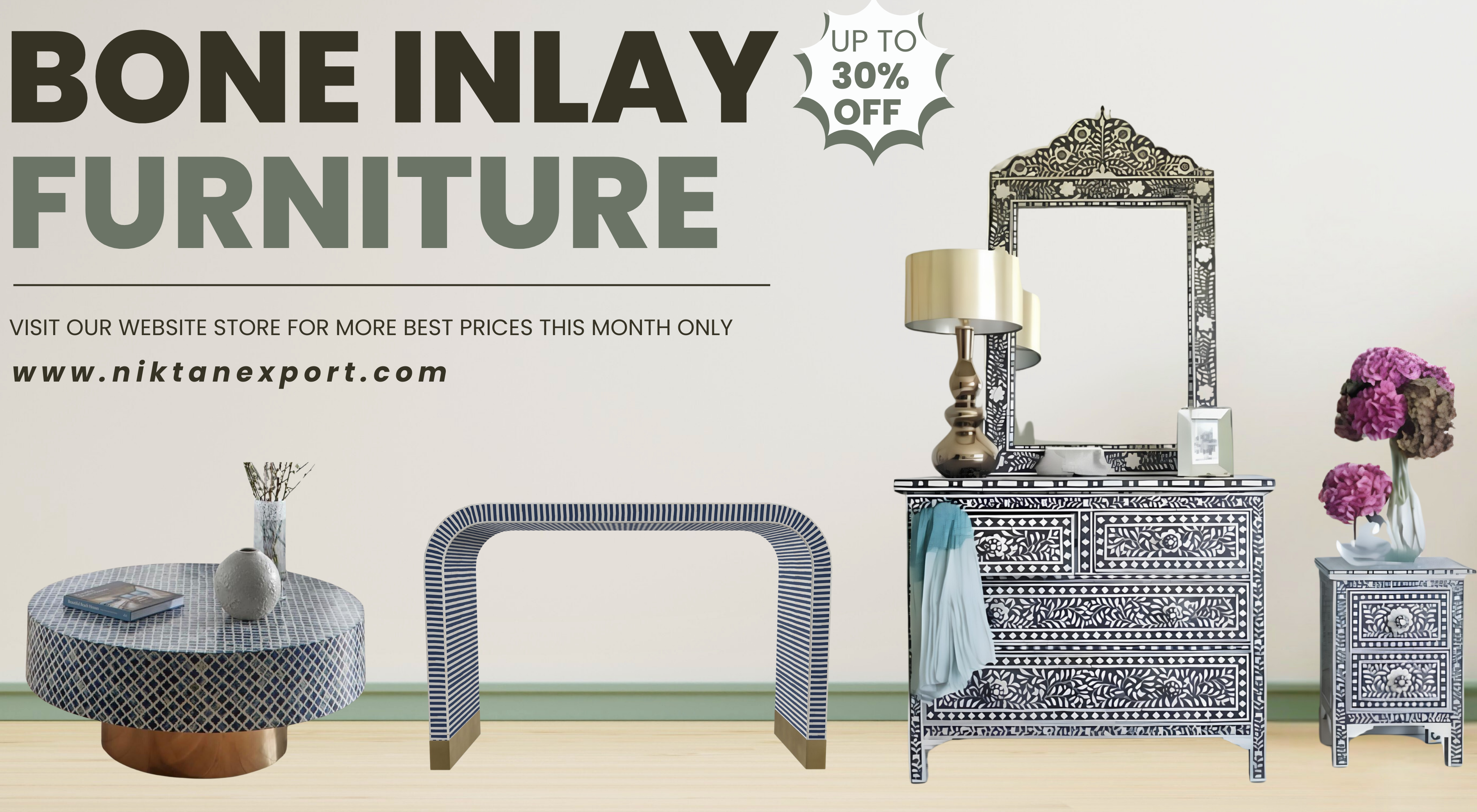 Handcrafted bone inlay coffee table with floral design available online in the USA at Niktan Export