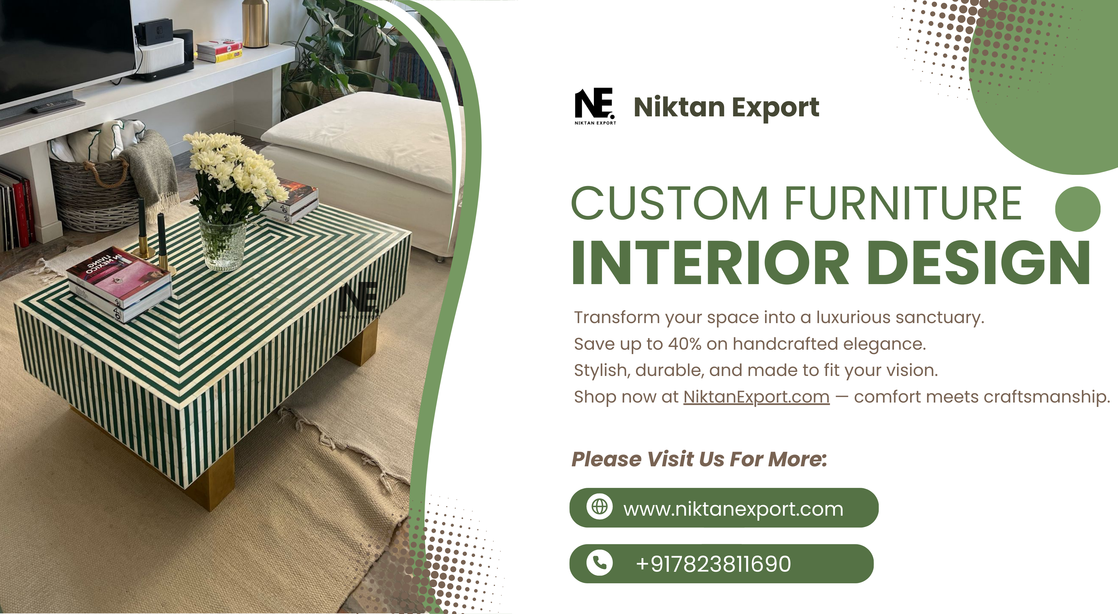 40% Discount on Handcrafted Custom Furniture by Niktan Export — Bone Inlay, Mother of Pearl, and Carved Wood Designs for Inspired Interiors
