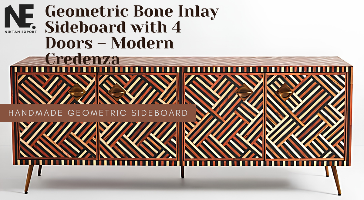 Geometric bone inlay sideboard with four doors, contrasting linear patterns, and tapered legs, handcrafted by Niktan Export.
