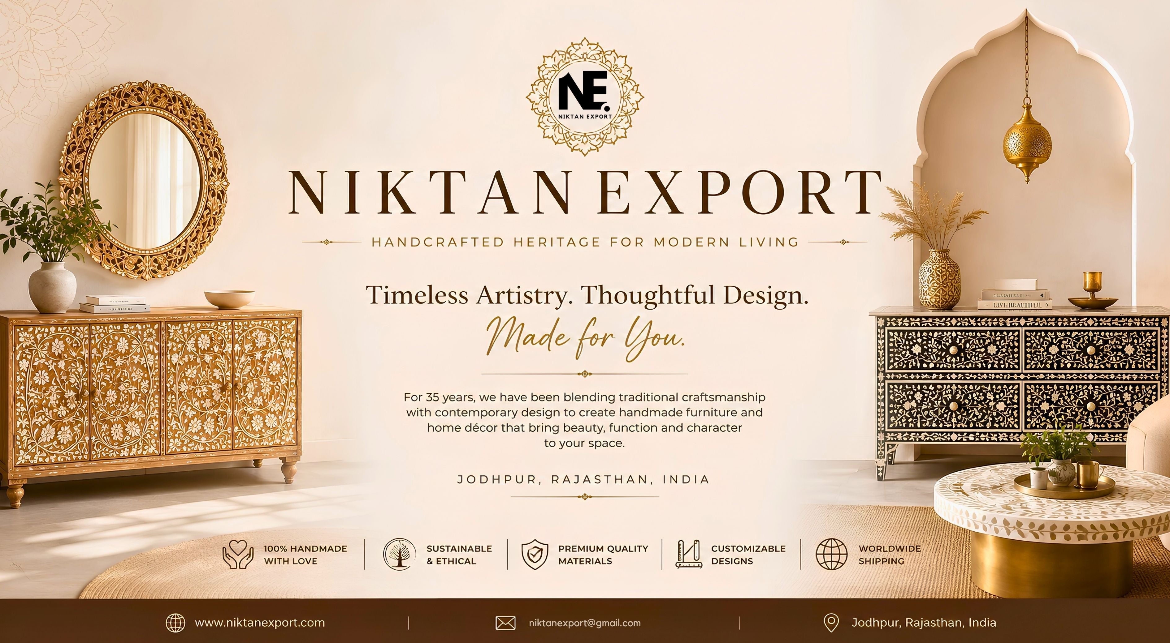 Luxury handmade Bone Inlay Furniture and Mother of Pearl Furniture handcrafted by skilled artisans at Niktan Export in Jodhpur, Rajasthan, India, featuring custom sideboards, hand carved furniture, and premium home décor with worldwide shipping.