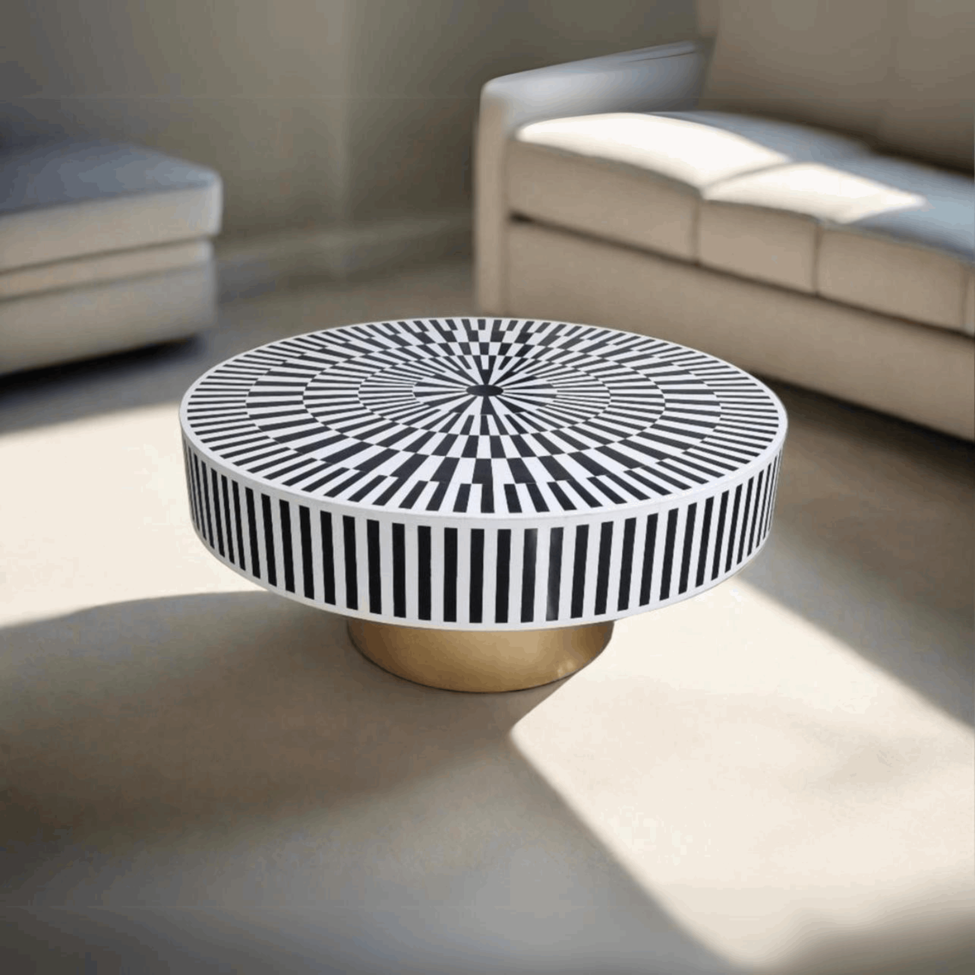 Side angle showing brass legs and bone inlay details