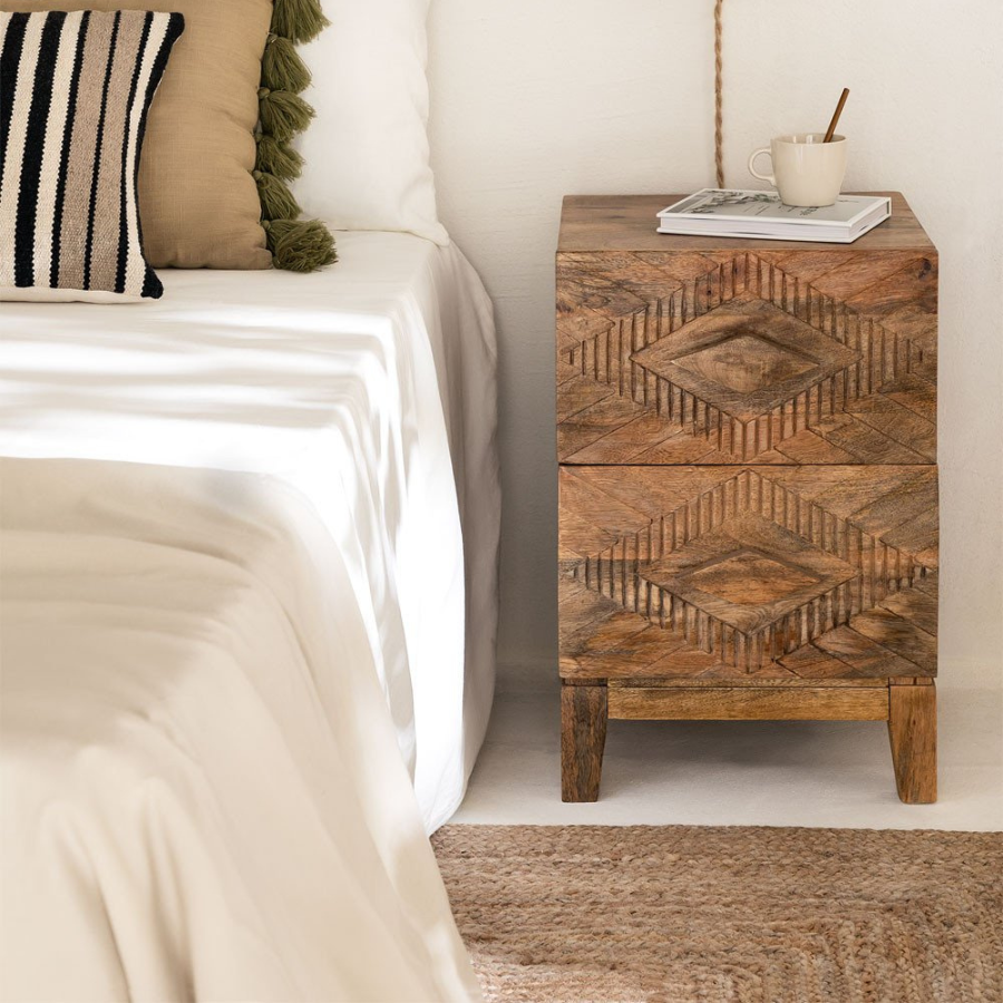 Handcarving Mango Wood Bedside Table - NikTan Export