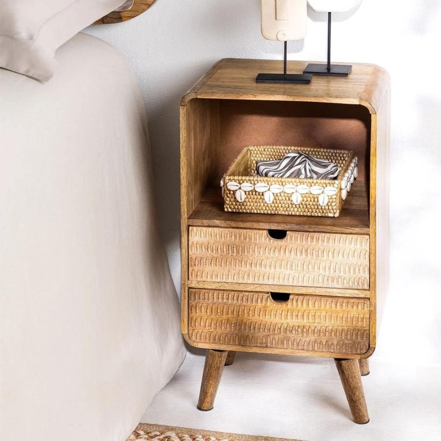 Hand Carved Bedside Table with Storage in Natural - NikTan Export