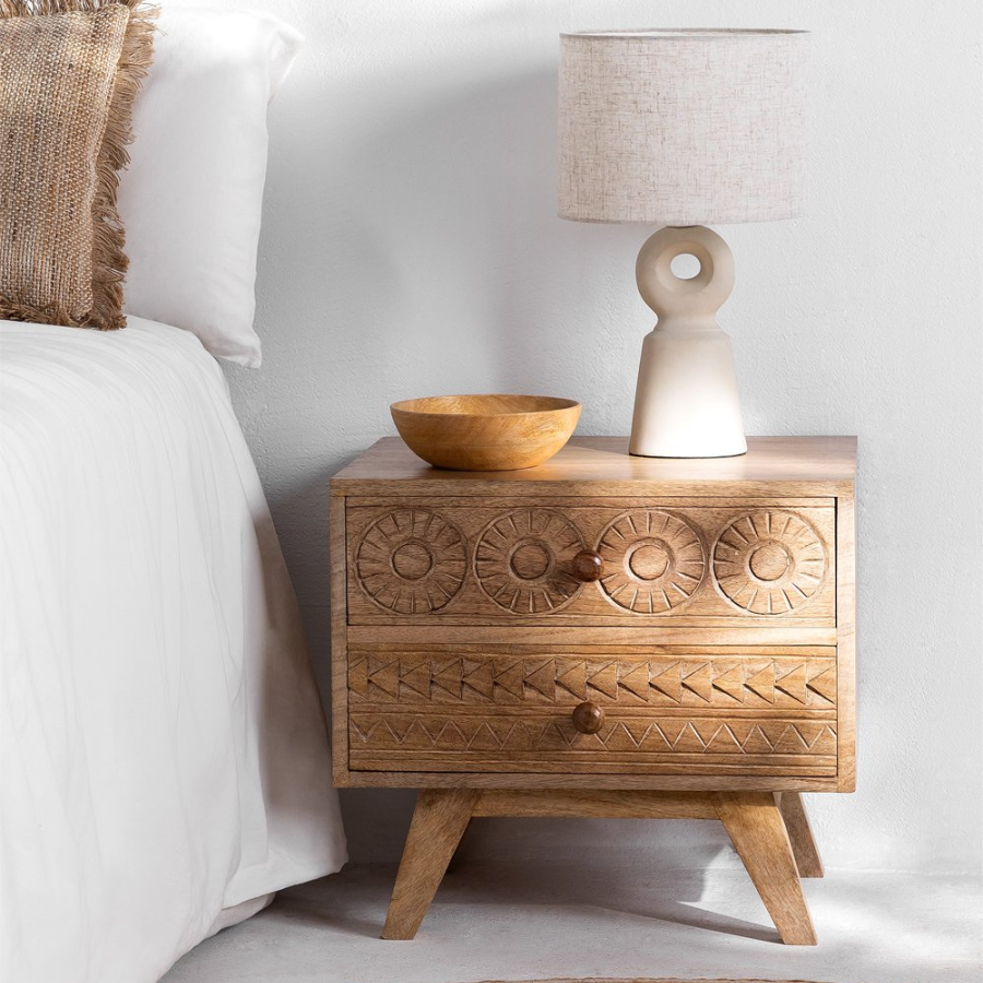 Handcarving Mango Wood Bedside Table - NikTan Export