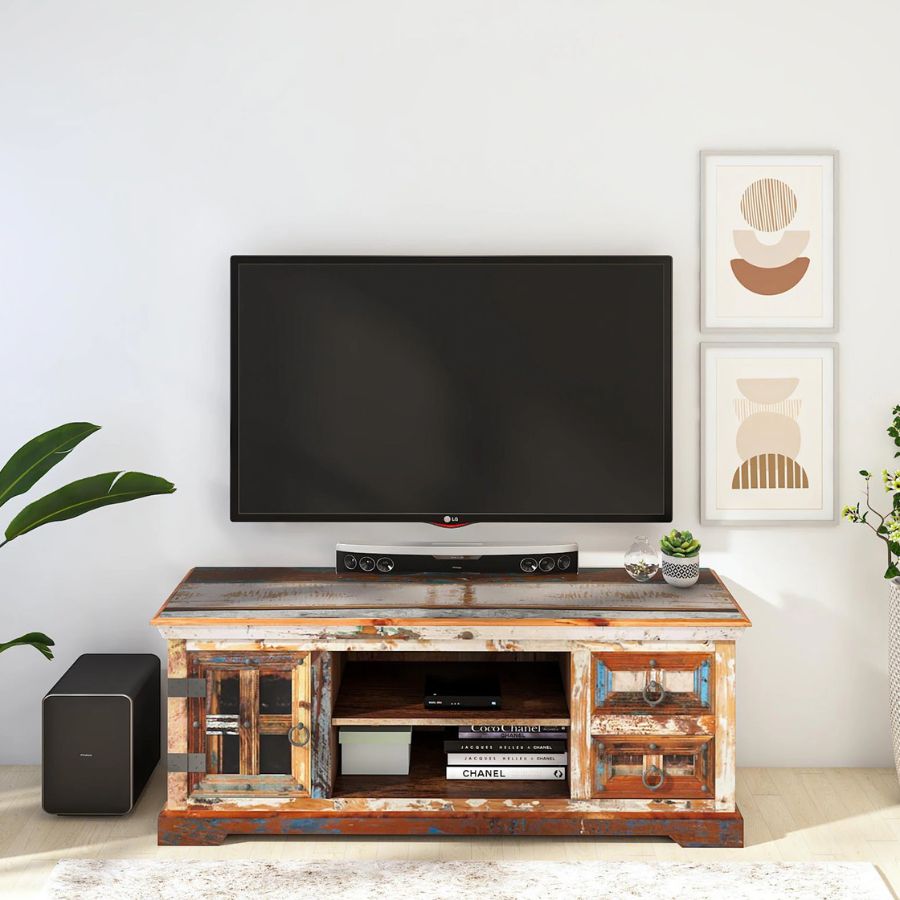 Jhalamand Reclaimed Wood TV Console In Distress Finish - NikTan Export