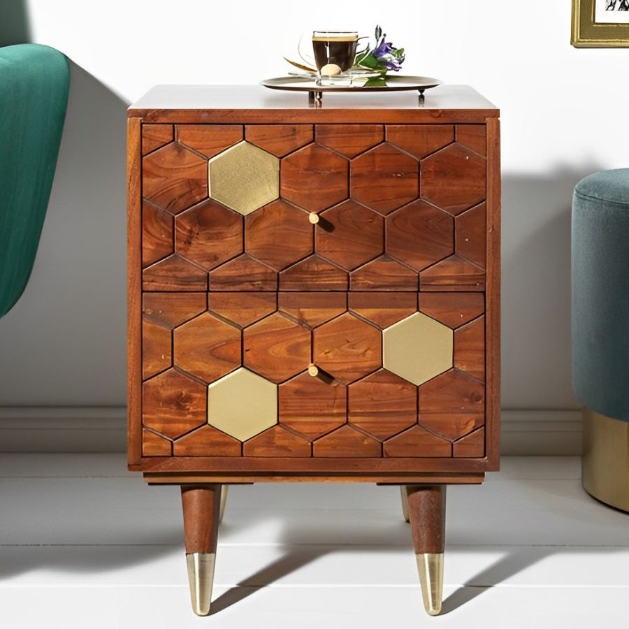 Acacia Wood Massive Bedside Table 40cm Brown Gold Retro Design - NikTan Export