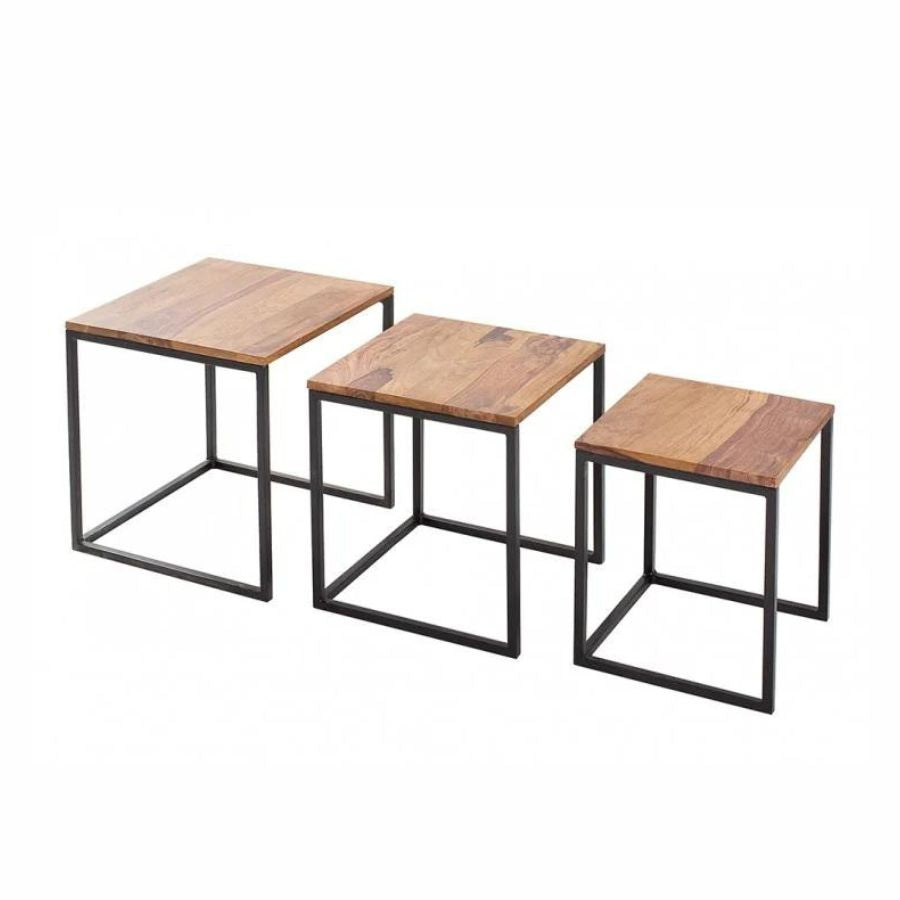 Design Side Table Set of 3 ELEMENTS 40cm Sheesham Metal Frame Black - NikTan Export