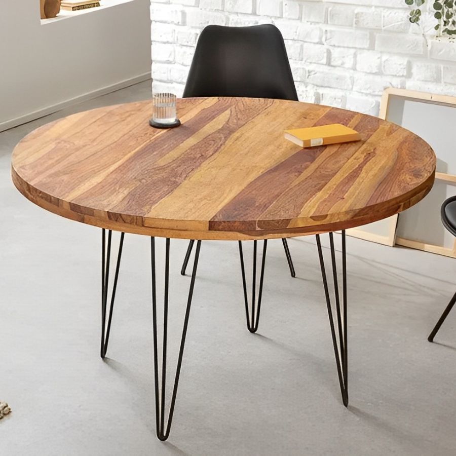 Sheesham Round Massive Dining Table 120cm with Hairpin Legs