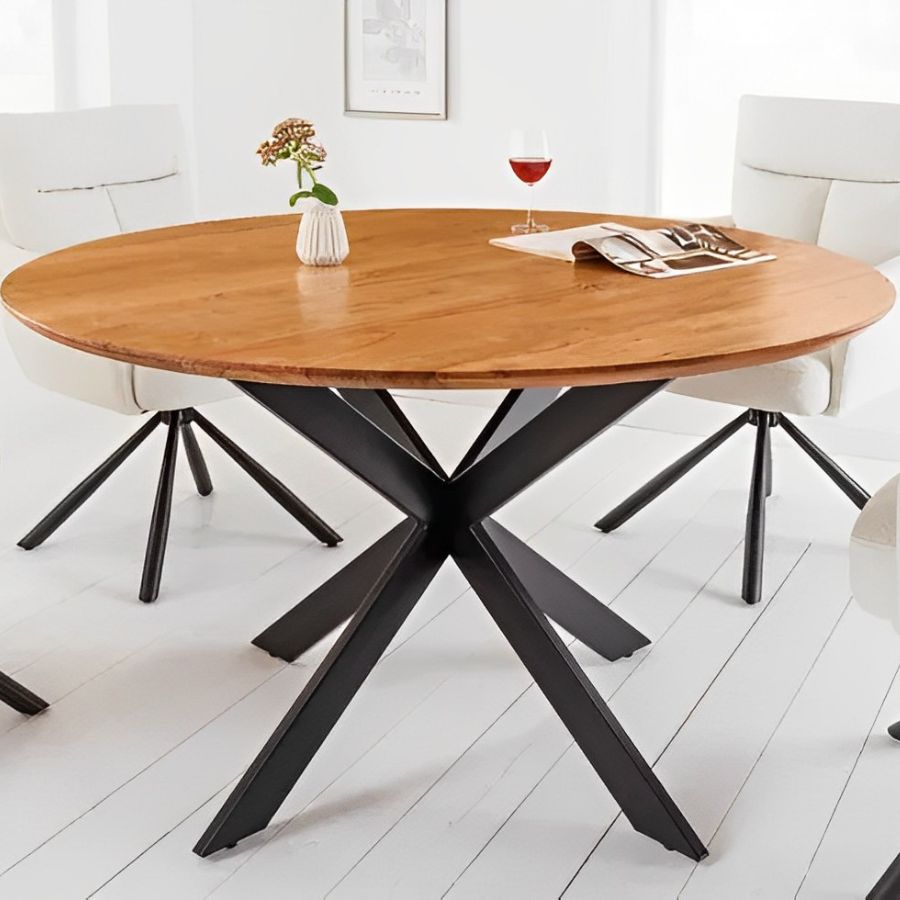 Acacia Wood With Metal Round Natural Dining Table 130cm Star Frame - NikTan Export