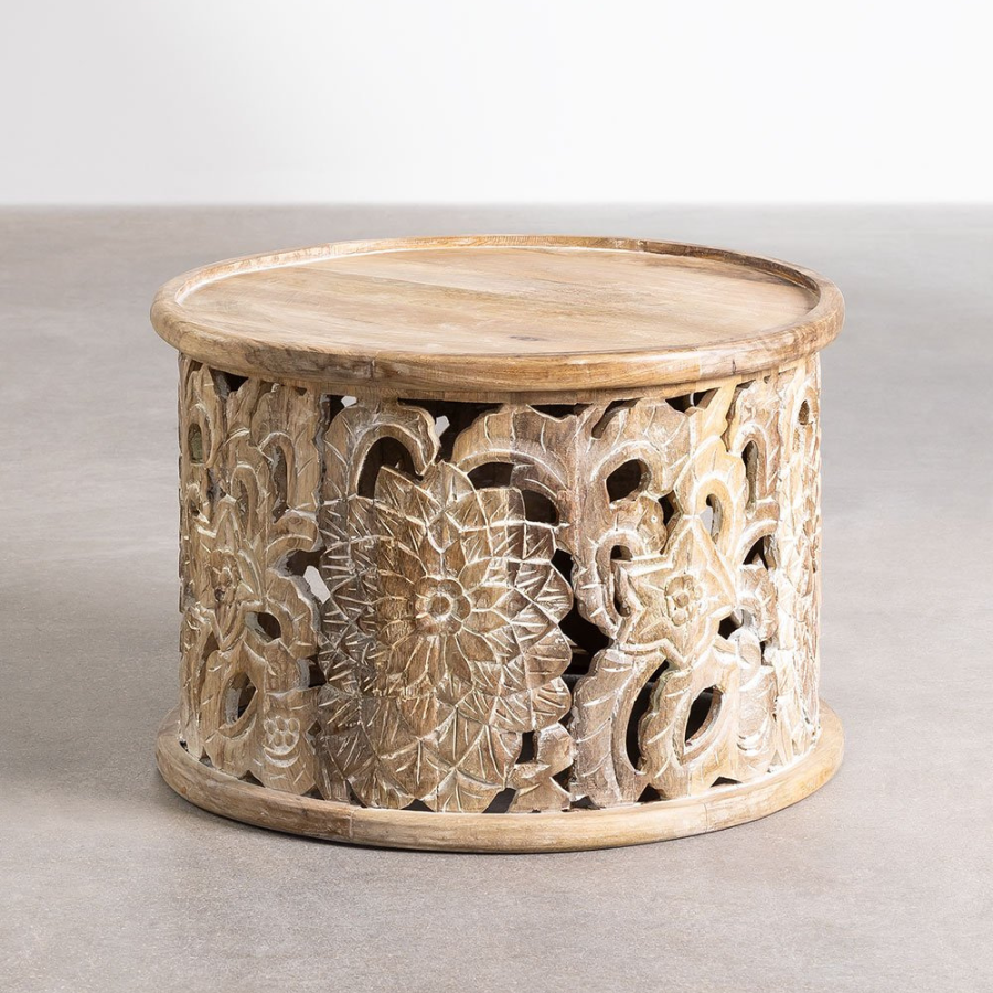 Hand-carving Natural Round Mango Wood Coffee Table - NikTan Export